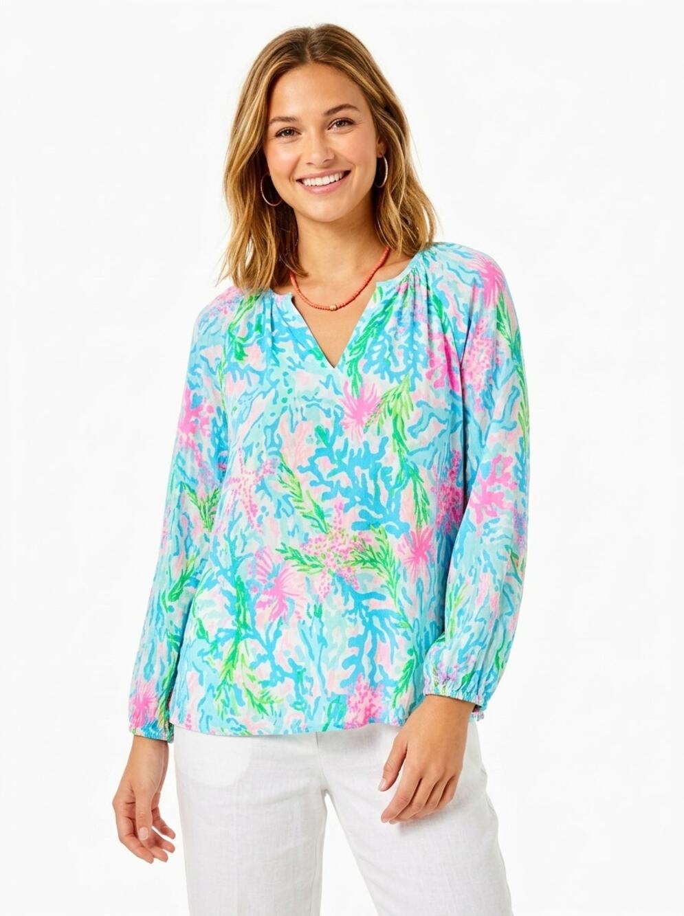 Lilly Pulitzer Willa Blouse Top Womens XL Multicolor Rayon Coral Bay Reef Print